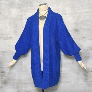 Vintage 80s Royal Blue Balloon Sleeves Cardigan Sweater Open Front Pockets M